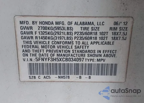 2012 Honda Pilot Ex-L from USA, damaged, VIN 5FNYF3H5XCB034097
